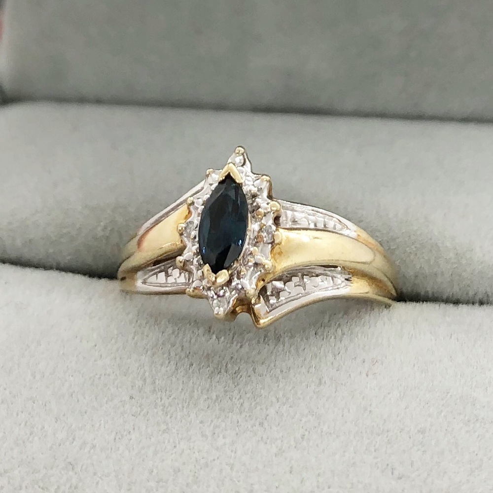 10k yellow gold blue sapphire and diamond chip vintage ring size 6.75 - Picture 9 of 9